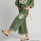 Hunter Green Peace Sign Mineral Wash French Terry Pants with Lace Applique Wide Leg Side