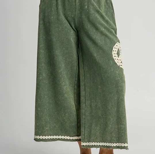 Hunter Green Peace Sign Mineral Wash French Terry Pants with Lace Applique Wide Leg Front