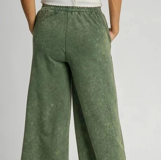 Hunter Green Peace Sign Mineral Wash French Terry Pants with Lace Applique Wide Leg Back