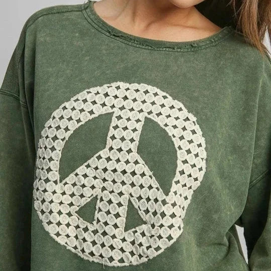 Hunter Green Peace Sign Mineral Wash French Terry Top with Lace Applique Long Sleeve Details