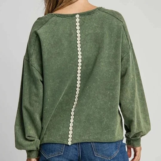 Hunter Green Peace Sign Mineral Wash French Terry Top with Lace Applique Long Sleeve Back