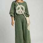 Hunter Green Peace Sign Mineral Wash French Terry Top with Lace Applique Long Sleeve Styled