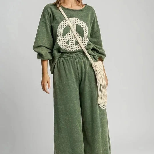 Hunter Green Peace Sign Mineral Wash French Terry Top with Lace Applique Long Sleeve Styled