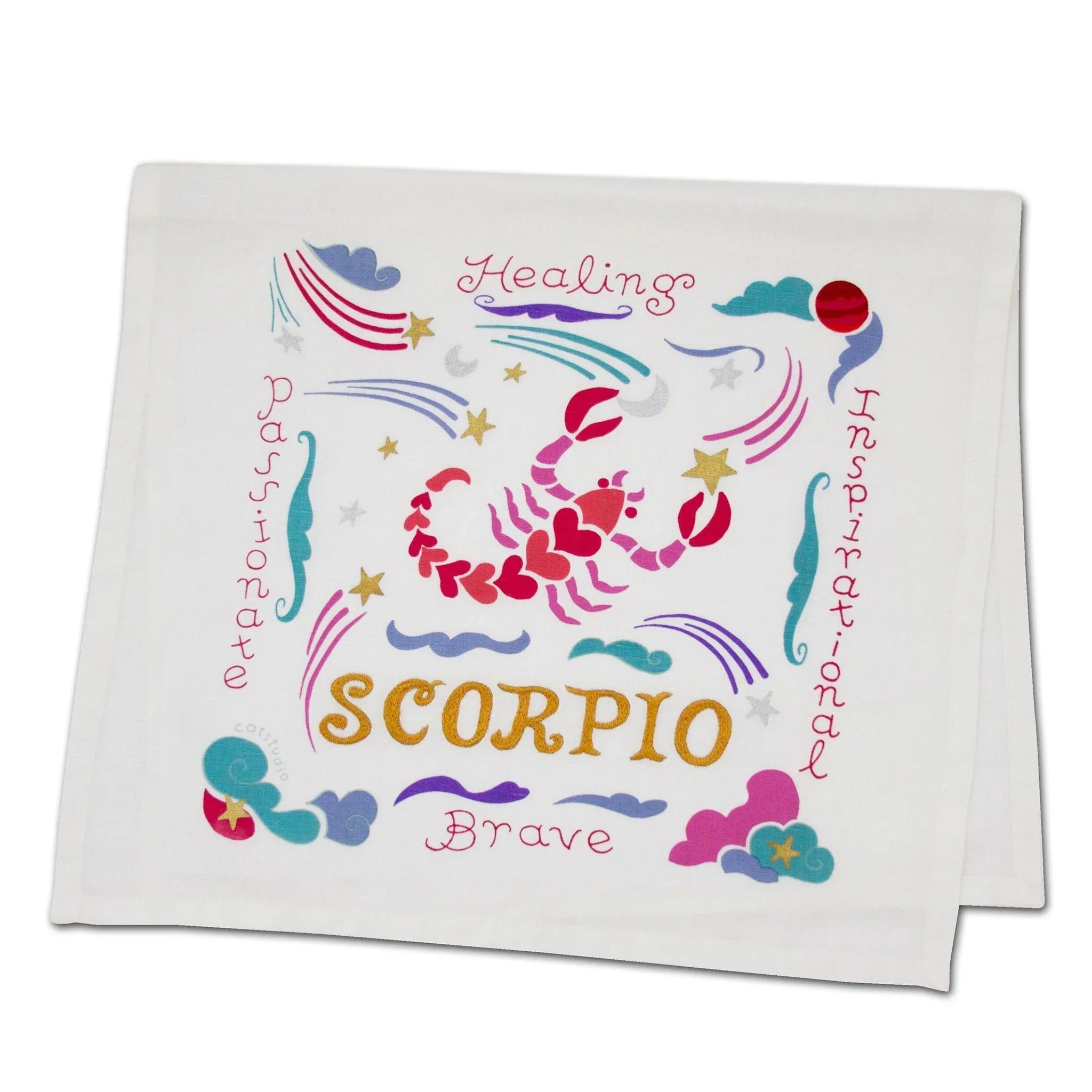 Decorative towel with Scorpio zodiac design and colorful text on a white background