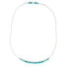 A beaded necklace with a thin silver-toned chain and a curved section of turquoise and light blue beads, shown on a plain white background.