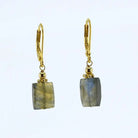 A pair of gold leverback earrings with rectangular labradorite stones, shown against a plain white background.