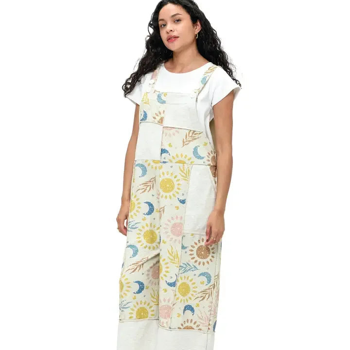 Natural Celestial Sun Moon Print Patchwork Overall Semi Side View