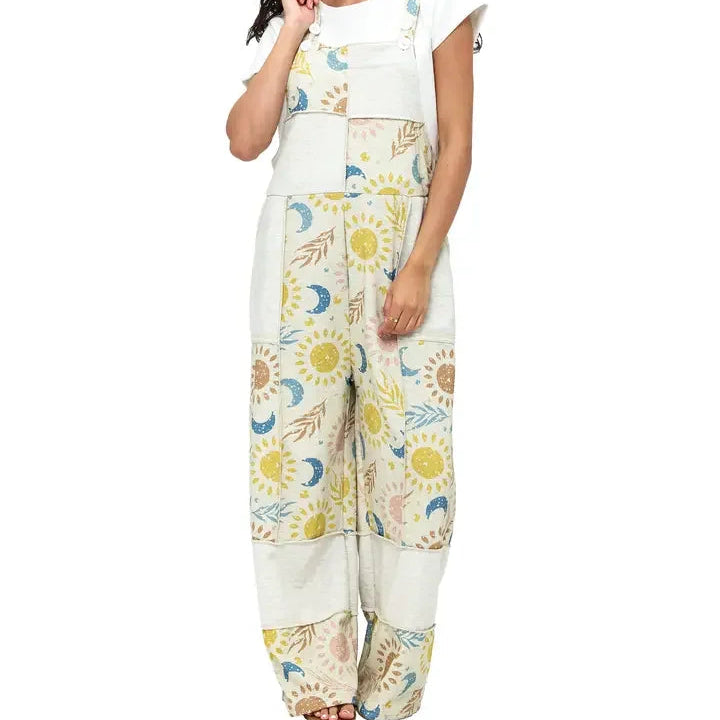 Natural Celestial Sun Moon Print Patchwork Overall Front Lifestyle