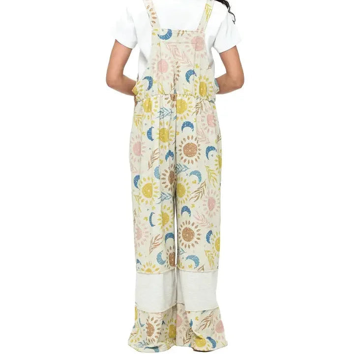 Natural Celestial Sun Moon Print Patchwork Overall Back View