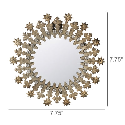 Decorative round mirror with floral patterns and measurements on a white background
