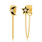 Star and Crescent Moon Black Enamel Gold Trim Chain Wrap Earrings