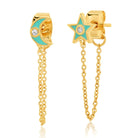 Star and Crescent Moon Turquoise Enamel Gold Trim Chain Wrap Earrings