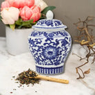 Blue & White Floral Tea Canister on Countertop