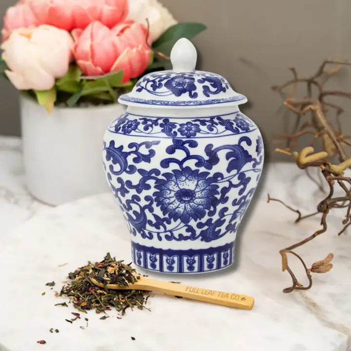 Blue & White Floral Tea Canister on Countertop