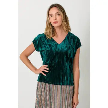 Teal Velvet Cupro V-Neck Top front view