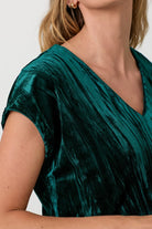 Teal Velvet Cupro V-Neck Top close up view