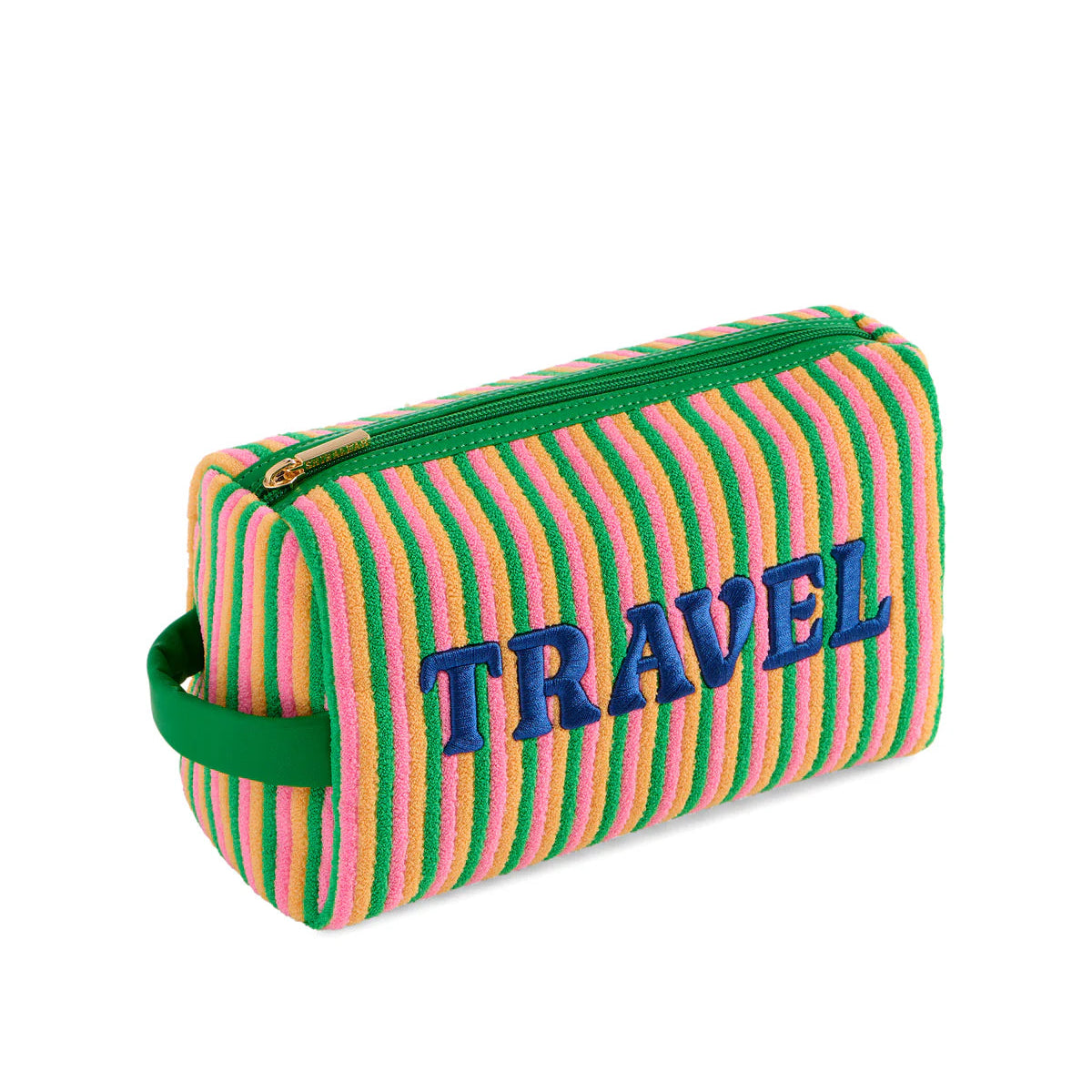 Striped travel pouch with 'TRAVEL' text on a white background