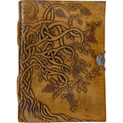 Brown leather Tree of LIfe journal with intricate tree of life design and metal clasp on a white background