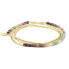 Multistrand beaded bracelet with gold accents on a white background