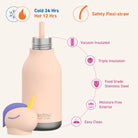 Vacuum insulated bottle with pink lid and straw, featuring safety flexi-straw and insulation features on a white background.