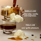 Glass of coffee with whipped cream and vanilla bean, text describing aroma and feeling of Vanilla Era Candle