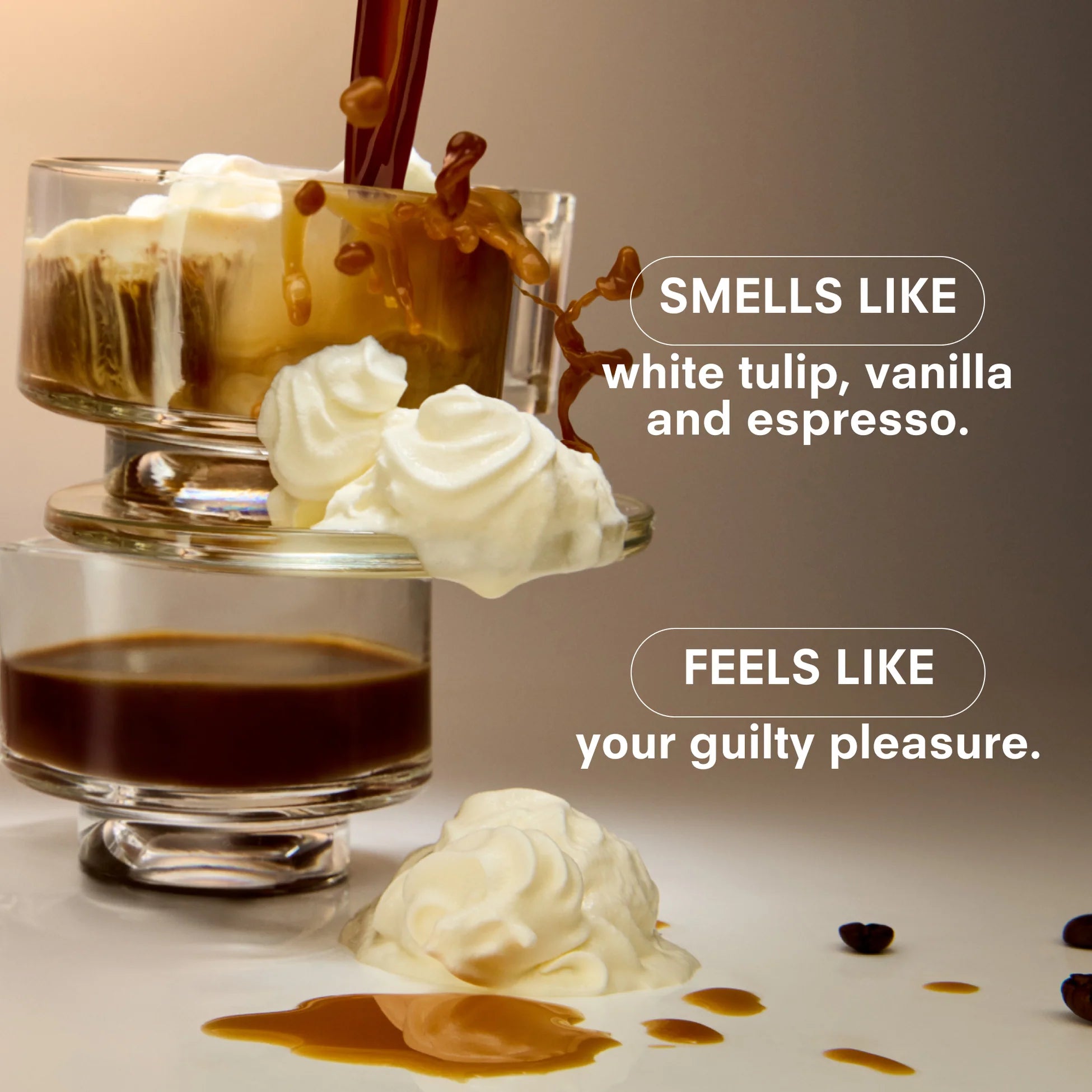 Glass of coffee with whipped cream and vanilla bean, text describing aroma and feeling of Vanilla Era Candle