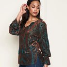 Teal and Brown Burnout Velvet Knit Peasant Top side view