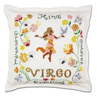 Virgo Decorative pillow with embroidered design of a woman and flowers, featuring the word 'Virgo'.