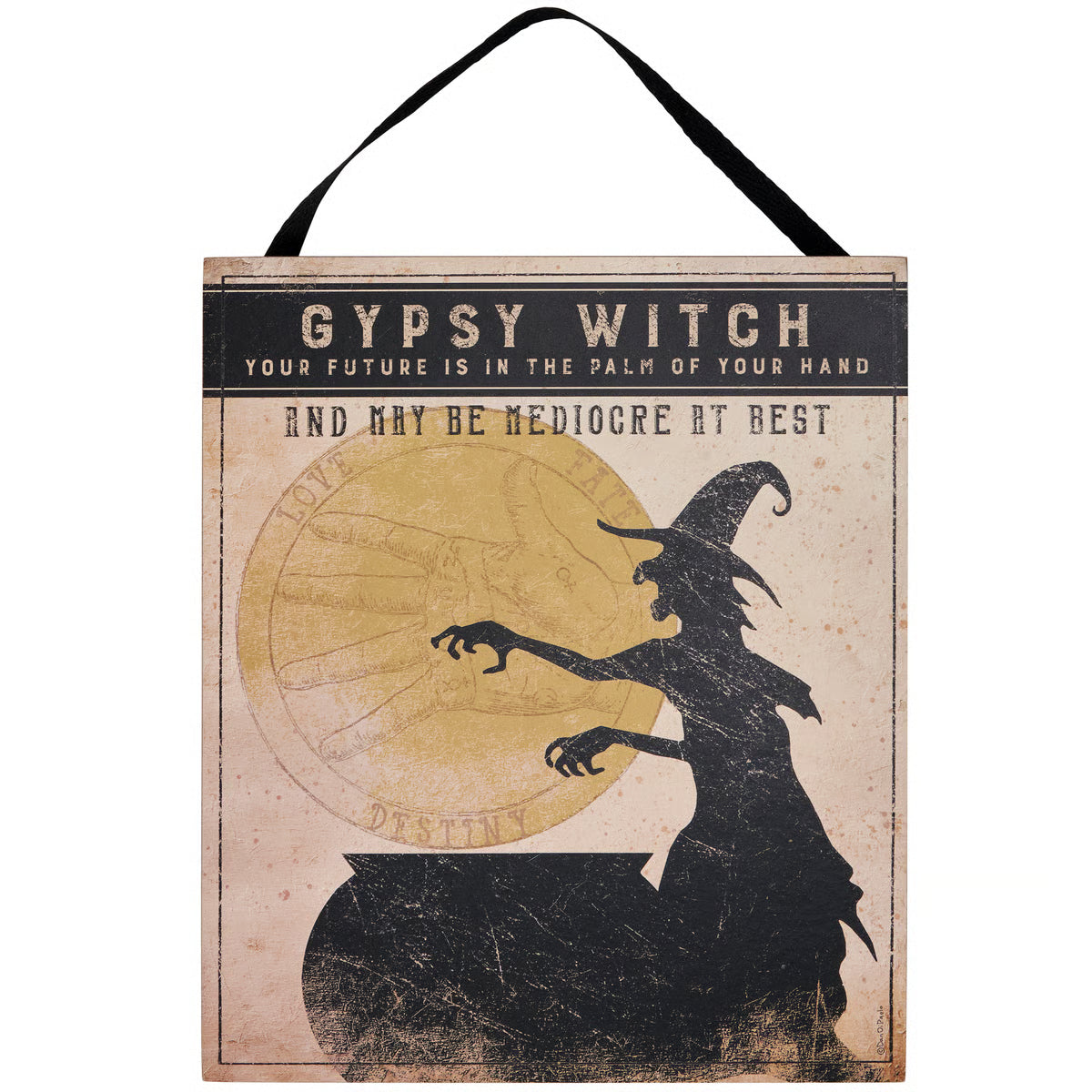 A rectangular hanging wall sign with a black hanging strap. The sign has a distressed vintage design featuring a black silhouette of a witch beside a large gold-toned circular emblem, with the text 'GYPSY WITCH' and additional decorative text on a beige background.