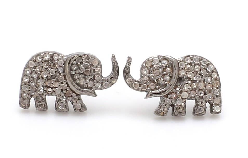 Pave Diamond Elephant Stud Earrings in Silver