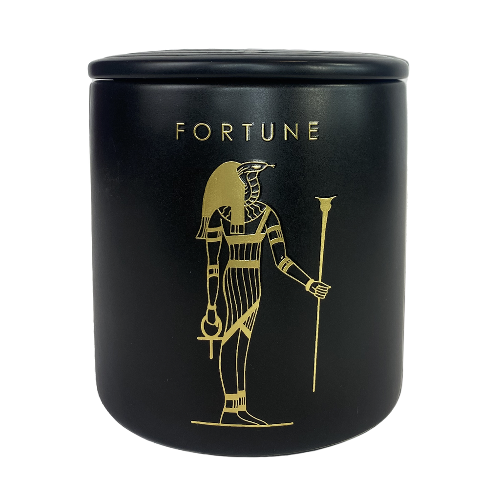 Fortune Potion Candle with Gold Egyptian God Embossed on Porcelain Candle Vessel