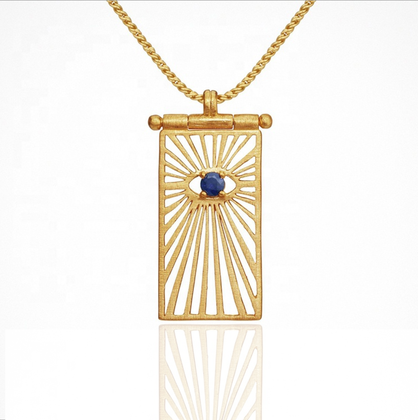 Starmaker Saphire Eye Gold Necklace with Golden Rays Surroundng the Eye On Gold Chain