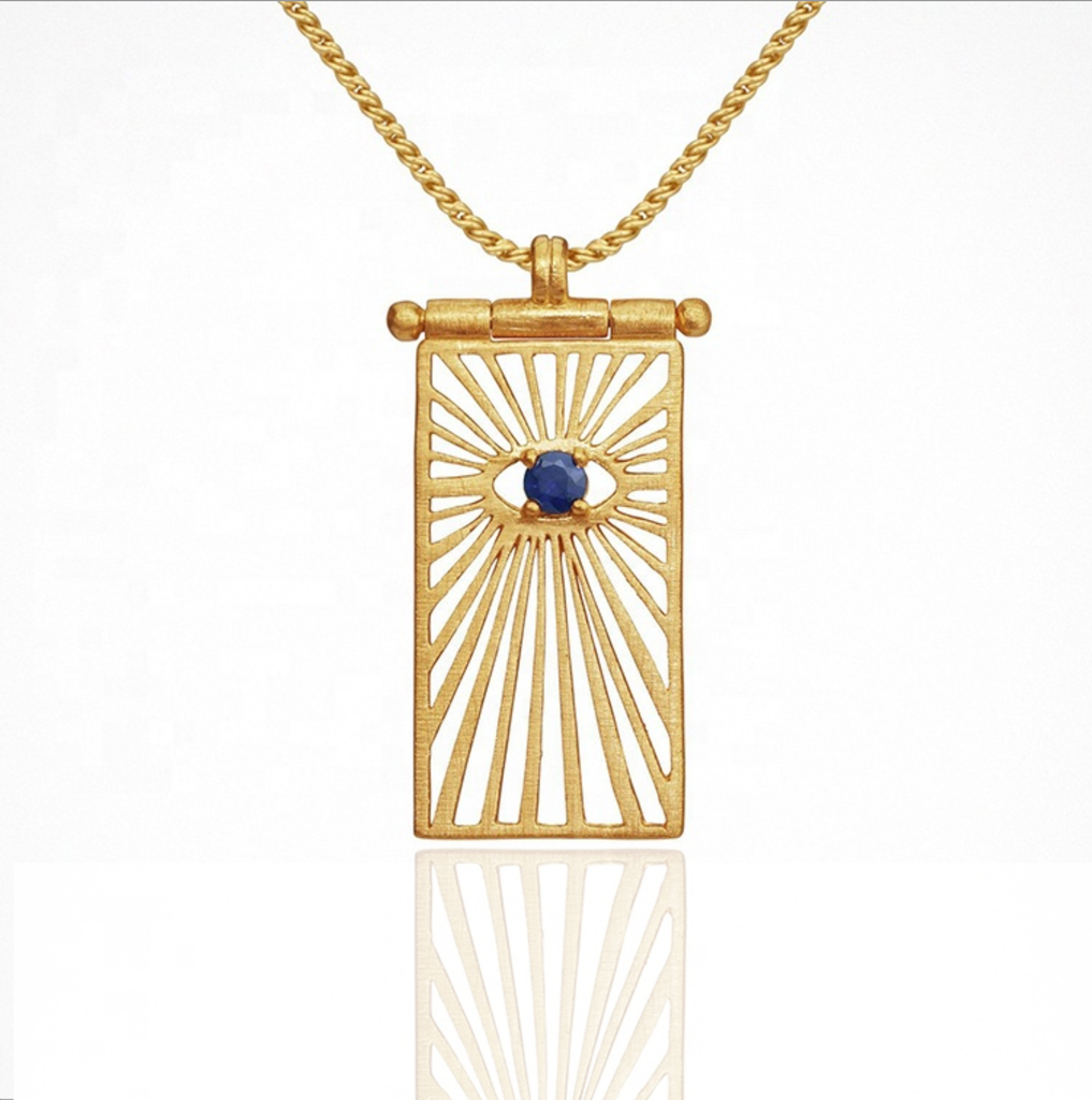 Starmaker Saphire Eye Gold Necklace with Golden Rays Surroundng the Eye On Gold Chain