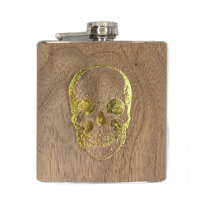 Gold Foil Skull Wood Flask