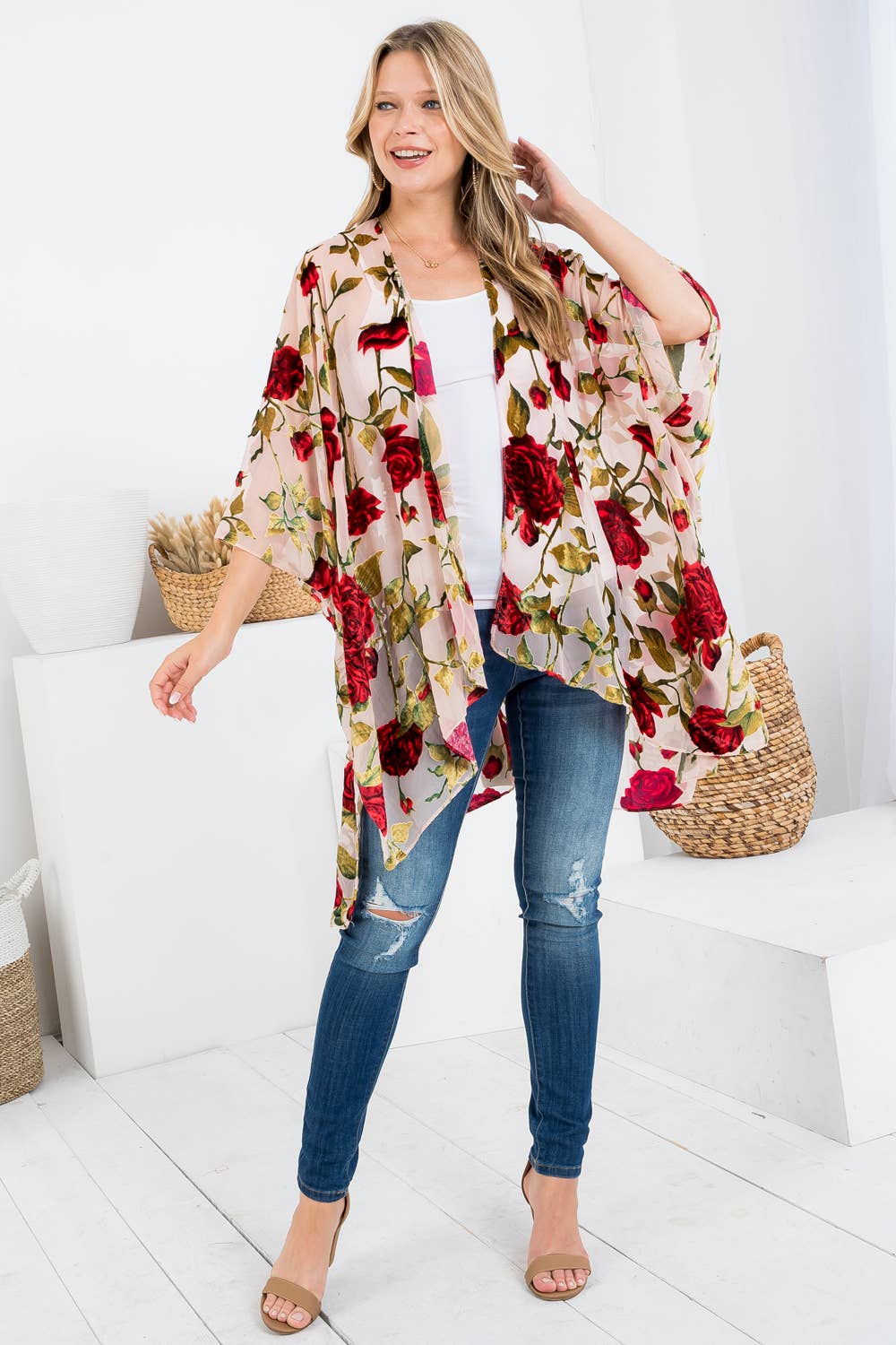 Pink and Red Rose Print Kimono