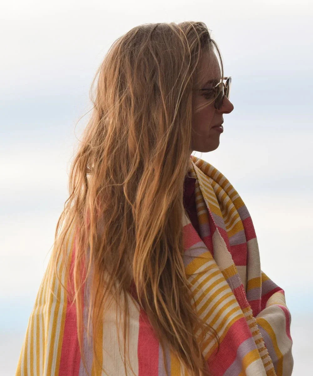 Cotton Yoga Blanket in Beach Stripe Coral