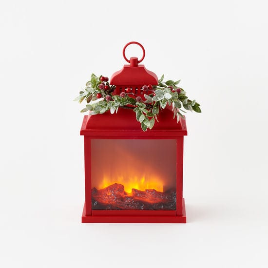 Fire Light Lantern with Frosted Green Berry Greenery Red