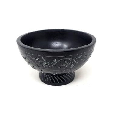 Floral Carved Black Soapstone Bowl