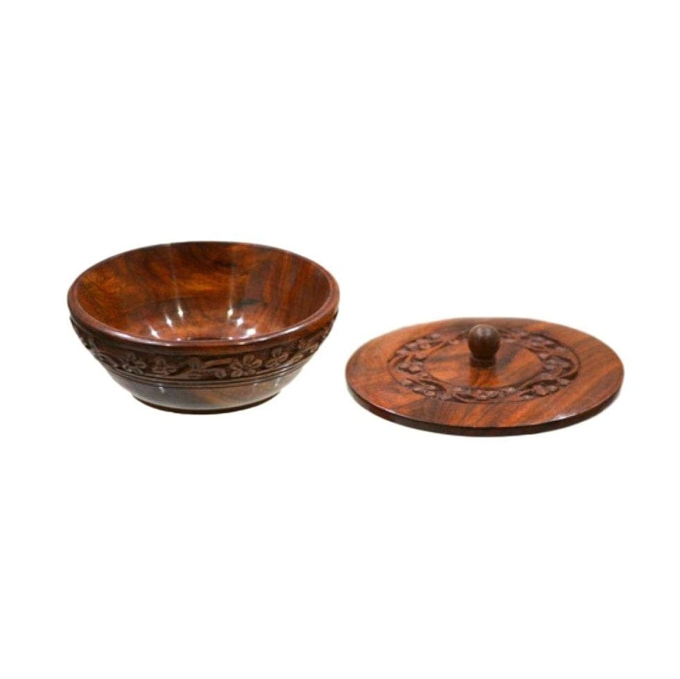 Floral Carved Round Wooden Bowl with Lid