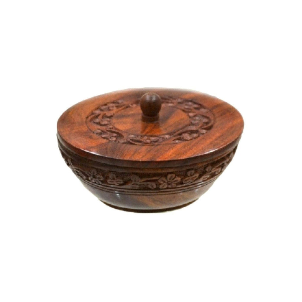 Floral Carved Round Wooden Bowl with Lid