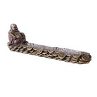 Bronze Resin Lucky Buddha Incense Holder has Luck Coins along the Base