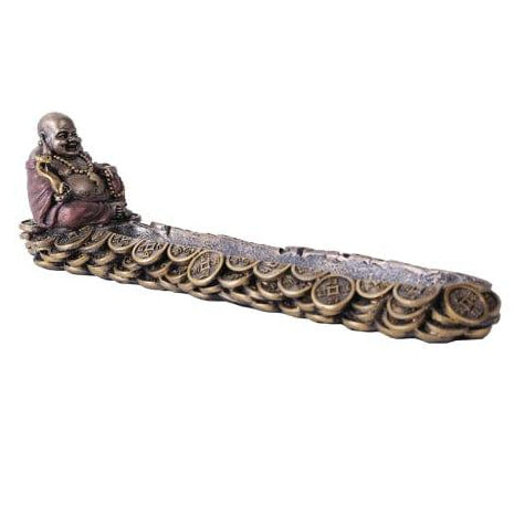 Bronze Resin Lucky Buddha Incense Holder has Luck Coins along the Base