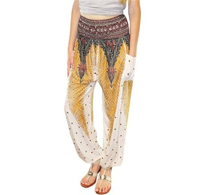Jeannie Pants in White & Gold Feathers